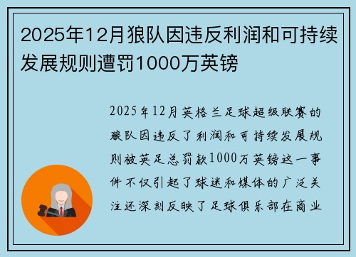 2025年12月狼队因违反利润和可持续发展规则遭罚1000万英镑 2025年12月狼队因违反利润和可持续发展规则遭罚1000万英镑