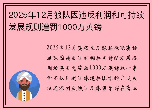 2025年12月狼队因违反利润和可持续发展规则遭罚1000万英镑 2025年12月狼队因违反利润和可持续发展规则遭罚1000万英镑
